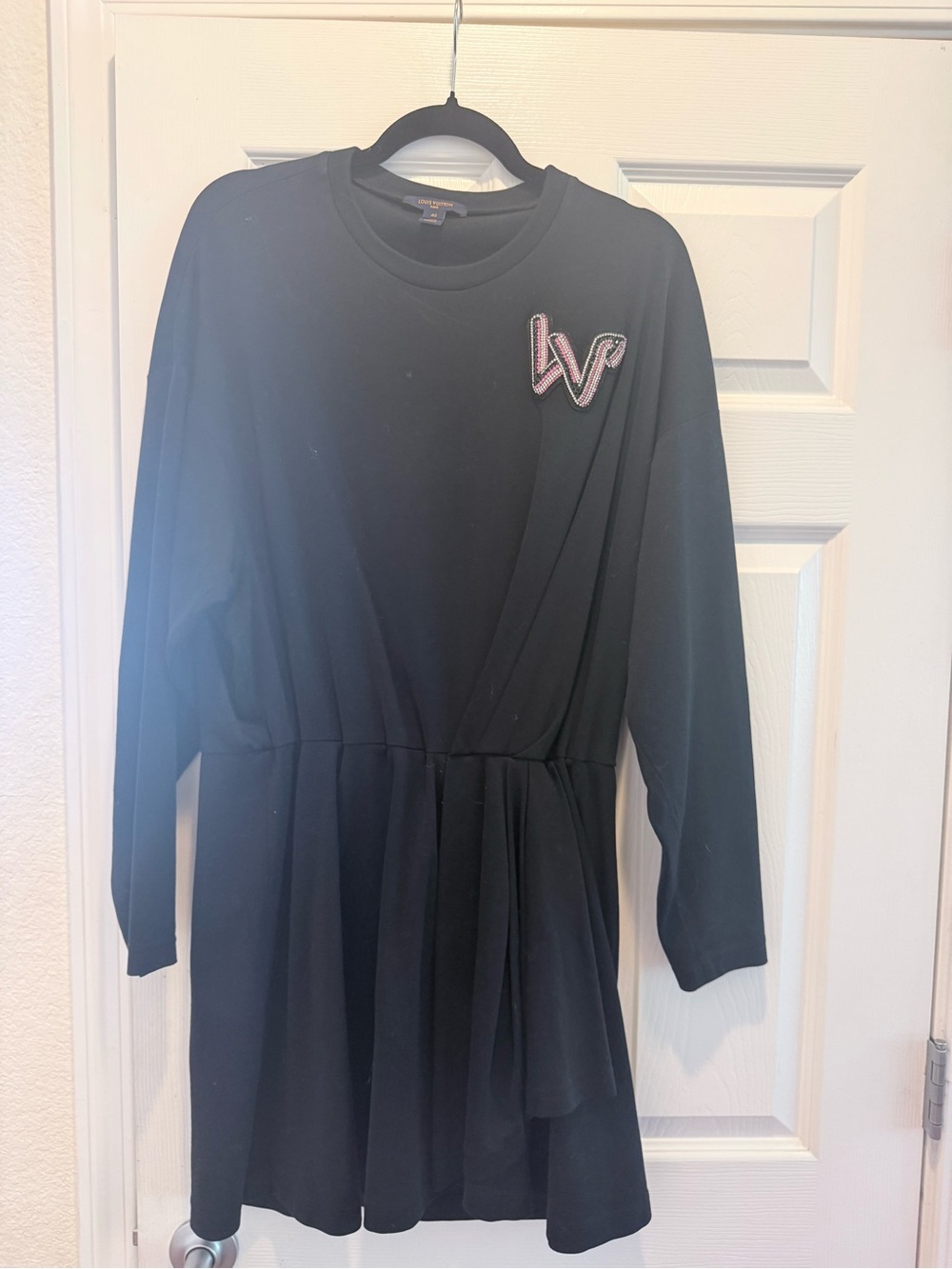 Louis Vuitton Black Long Sleeve Pleated Dress with Pink Logo Patch